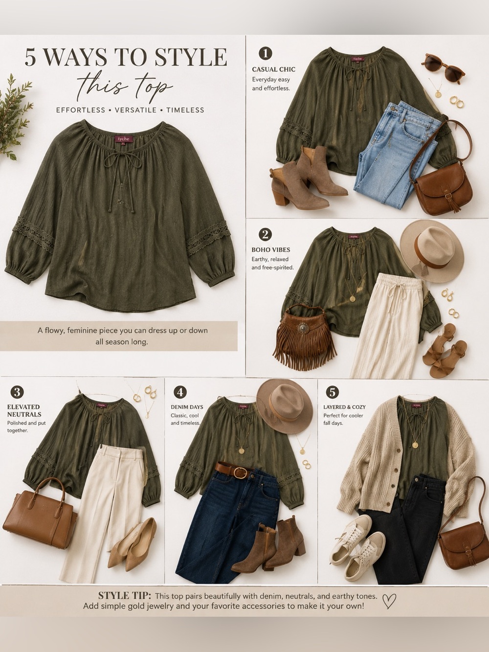 Iyla Olive Green Boho Blouse | Size Medium | Lace Sleeve Peasant Top - Picture 2 of 6